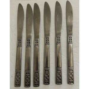 Vintage Customcraft Fluer‎ De Lis Set Of 6 Dinner Knives Stainless Flatware CUS3